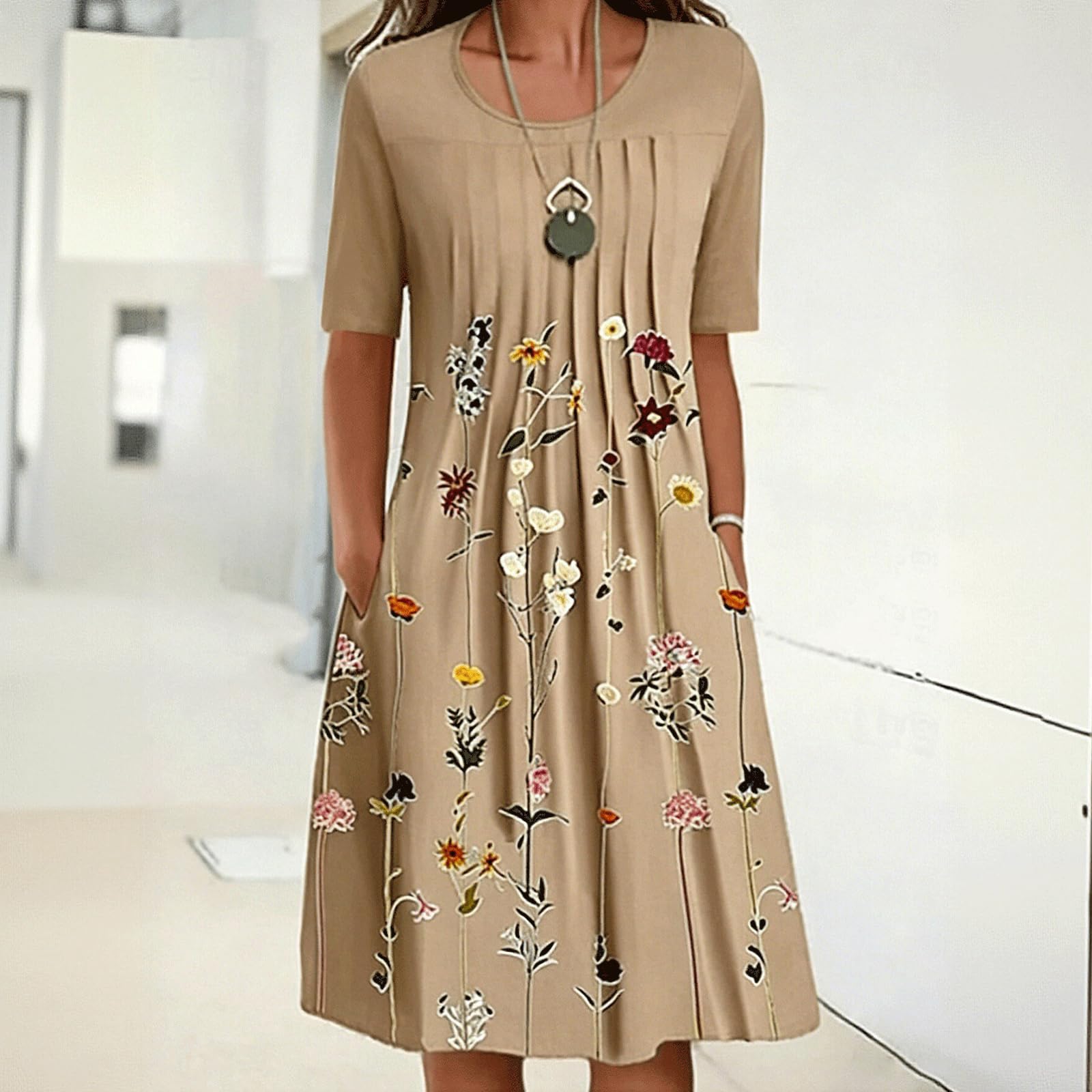 Womens Floral Print Half Sleeve Round Neck Pocket Midi Dress