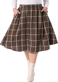 Agnes Orinda Plus Size Vintage Skirt for Women A-line Plaid Printed Flare Elastic High Waist Christmas Midi Skirts
