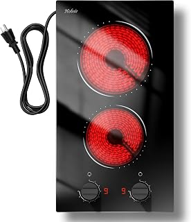 Hobsir 2 Burner Electric Cooktop 110V Plug In 2000W, Countertop & Built-in | 12 Inch Dual Heating Zones, 9 Level Knob Control, Auto Shut-off Safety, Portable Design & Versatile Cookware Compatibility