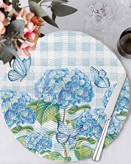 1pc Hydrangea Flower Round Placemat, Summer Blue Floral Buffalo Check Placemat Woven Placemat Circle Braided Table Mat, Kitchen Dining Table Party Home Decor 13"