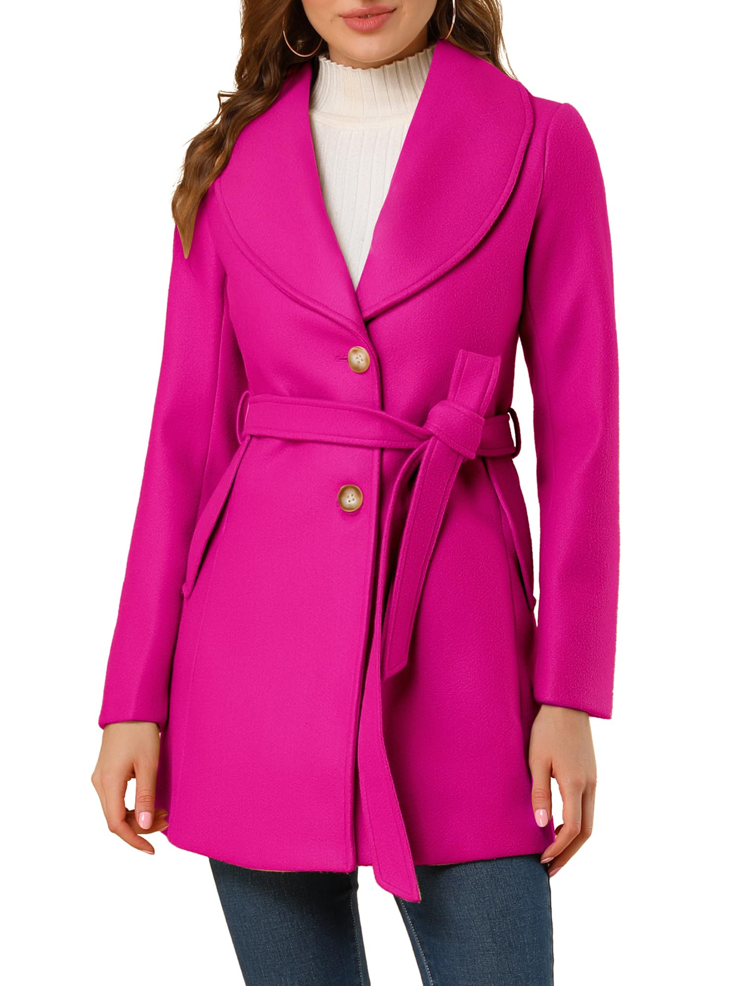 Allegra K Ladies Single Breasted Belted Midi Winter Coat Beige