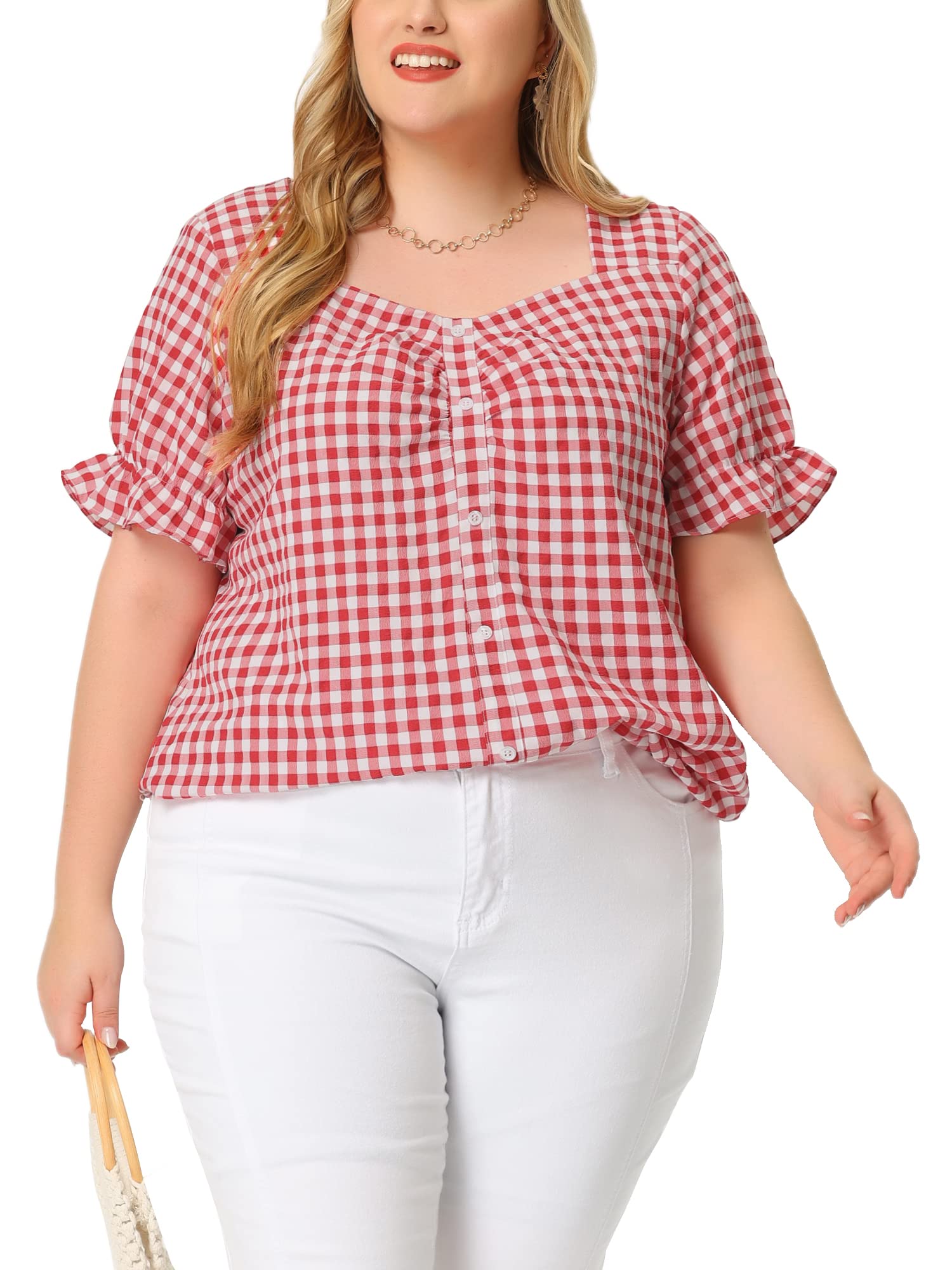 Agnes Orinda Women's Plus Size Gingham Tops 1950s Sweetheart Neck Flounce Sleeve
