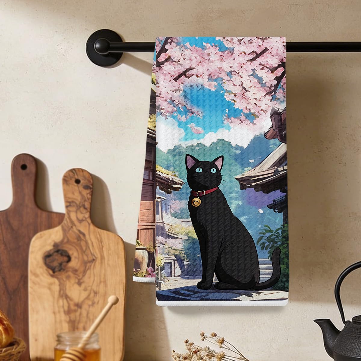 Japanese Cartoon Cat & Nature Scene Kitchen Towels, Japanese Style Absorbent Mic