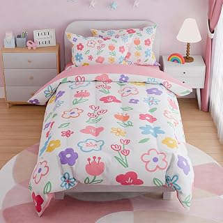 Floral Twin Bedding Sets for Girl, Ultra Soft Microfiber Comforter Bed Set with 3-Pieces, Flower Comforters Sets for Kids Children Girl Teen Tween Bedroom Décor