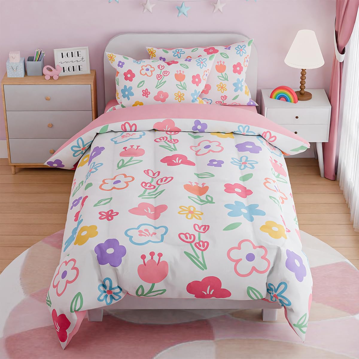 Floral Twin Bedding Sets for Girl, Ultra Soft Microfiber Comforter Bed Set with 