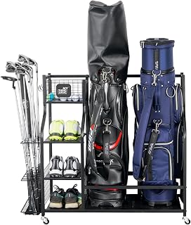 Mythinglogic Golf Bag Storage Organizer for Garage, Multiple Capacities | All in one metal storage for organizing golf bags, shoes, balls and golf accessories in garages, home or golf simulator rooms
