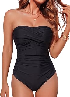 Smismivo Women's One Piece Bustier Swimsuit Tummy Control Removable Adjustable Straps Slimming Headband Slim Elegant Vintage Ruched Effect Padded Swimsuit