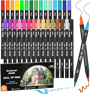 Shuttle Art Dual Tip Brush Pens Art Markers, 30 Colors Calligraphy Pens Fine and Brush Dual Tip Markers Set Perfect for Adult Artist Calligraphy Hand Lettering Journal Doodling Writing