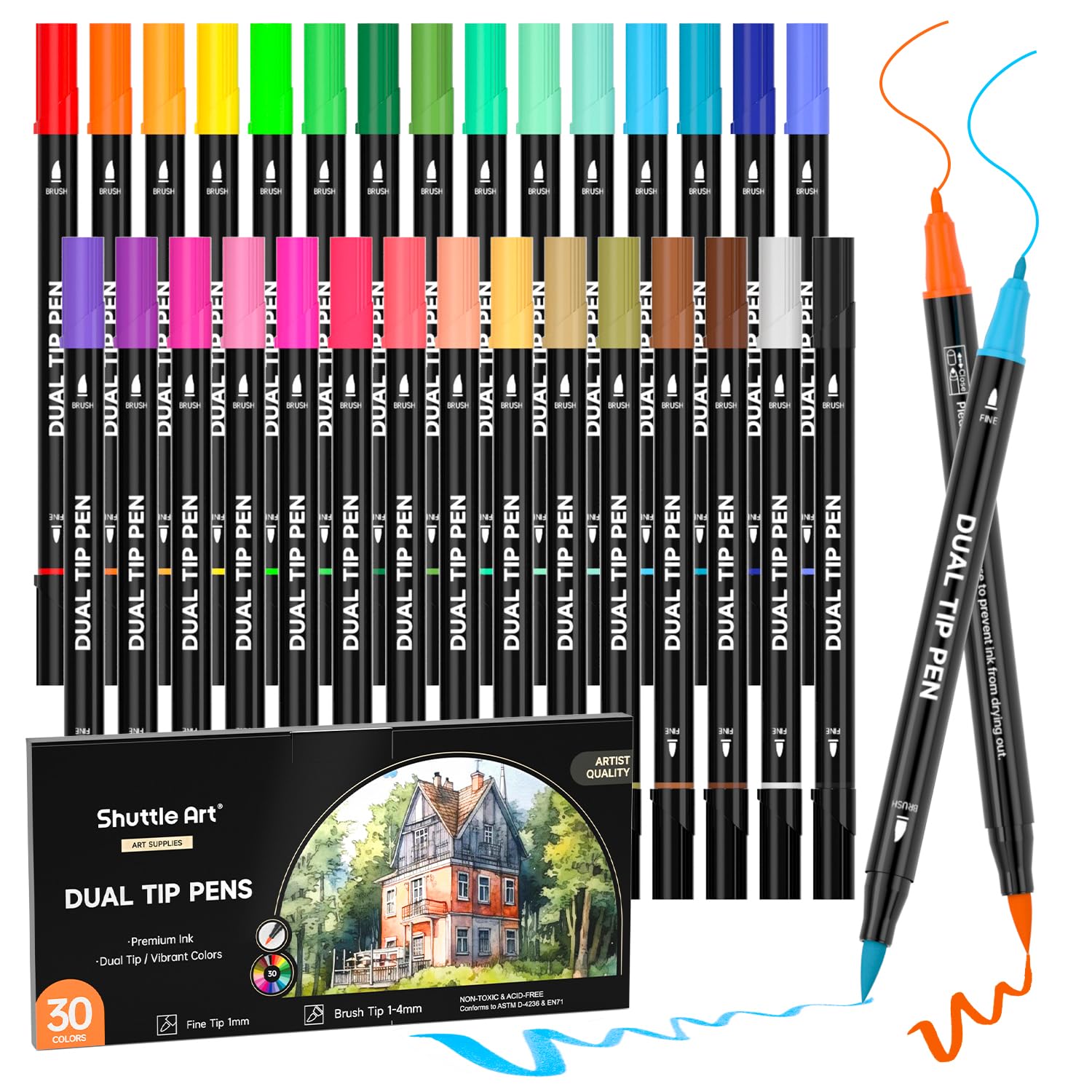 Shuttle Art Dual Tip Brush Pens Art Markers, 30 Colors Calligraphy Pens Fine and