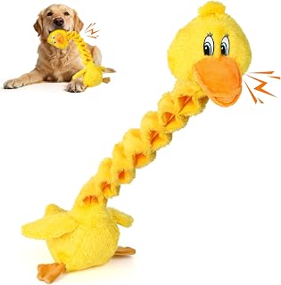 Squeaky Plush Dog Toy, Yellow Duck Interactive Tug Toy with Stretchable Neck, Crinkle Paper for Boredom Relief, Soft Chew Puppy Teething Toy for Small & Medium Dogs