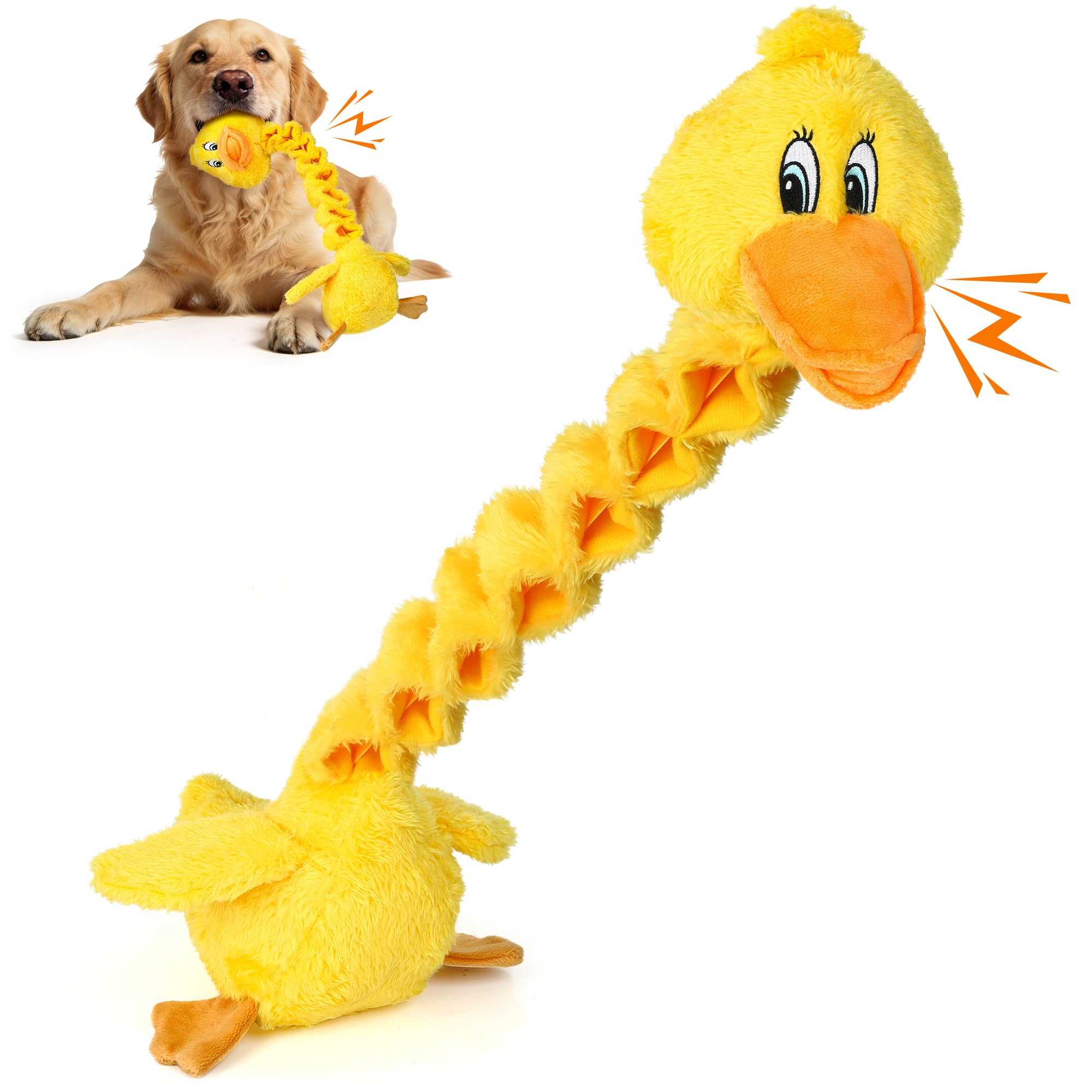Squeaky Plush Dog Toy, Yellow Duck Interactive Tug Toy with Stretchable Neck, Cr