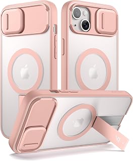 SURITCH for iPhone 13/14 Case, Compatible with MagSafe, Built-in Kickstand & Camera Cover & Translucent Back, Shockproof Rugged Protective Phone Cover 6.1 Inch, Pink