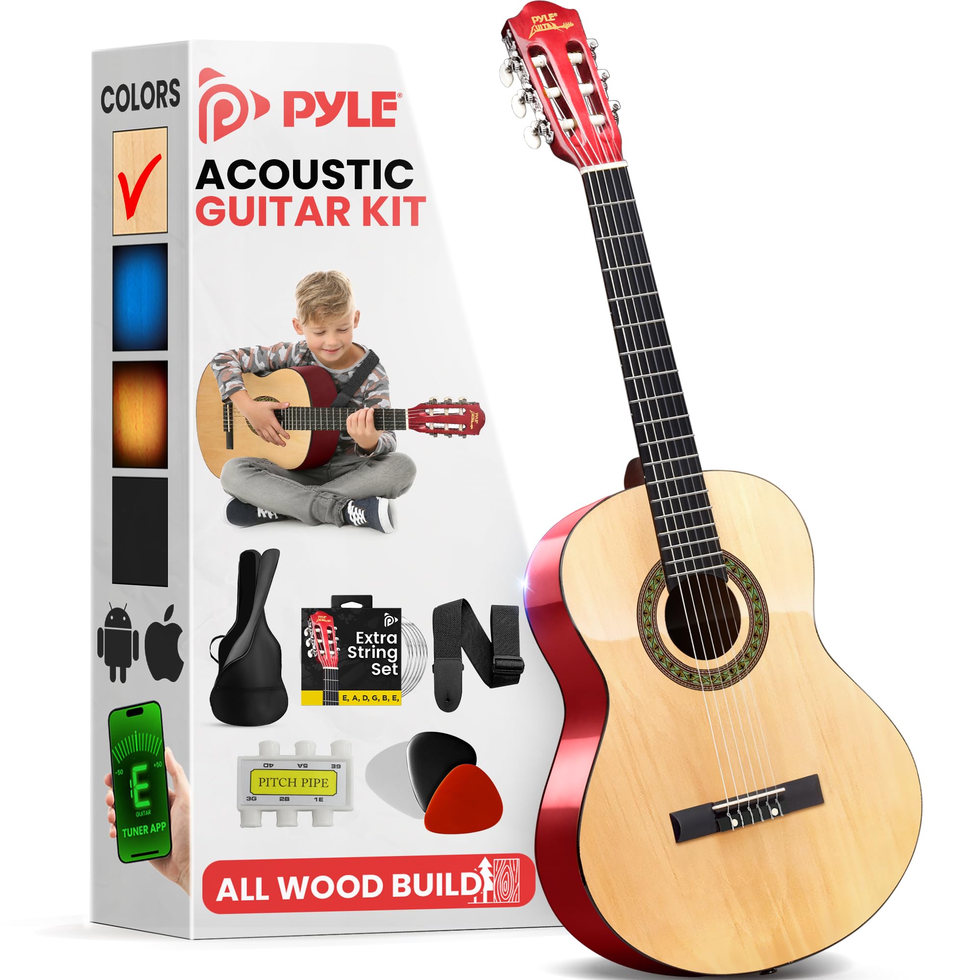 Pyle 30-Inch Beginner Acoustic Guitar Kit, 6-String Classical Style Travel Guita