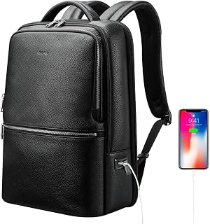 BOPAI Men's Backpack, Genuine Leather, Waterproof, USB Charging Port, Waterproof, Business Backpack, Anti-Theft, Work or School, 15.6 Inches, PC Backpack, Stylish, Black