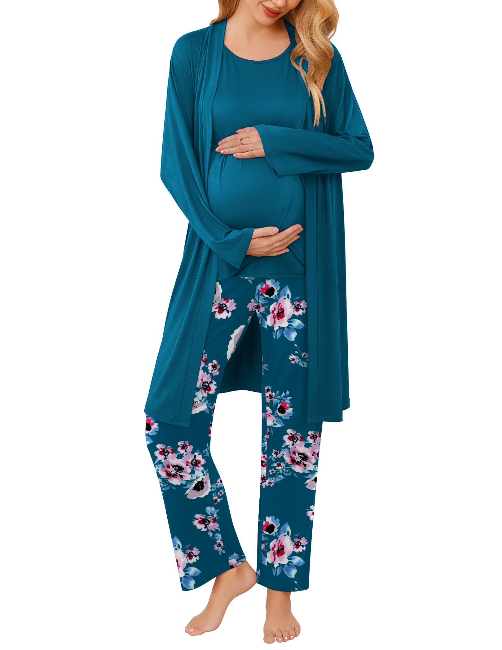 Ekouaer Maternity Pajamas Nursing Robe Set 3 Pieces Post Partum Lounge Sets