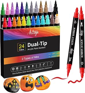 24 Colors Dual Tip Water-Based Acrylic Paint Markers with Brush & Dot Tip