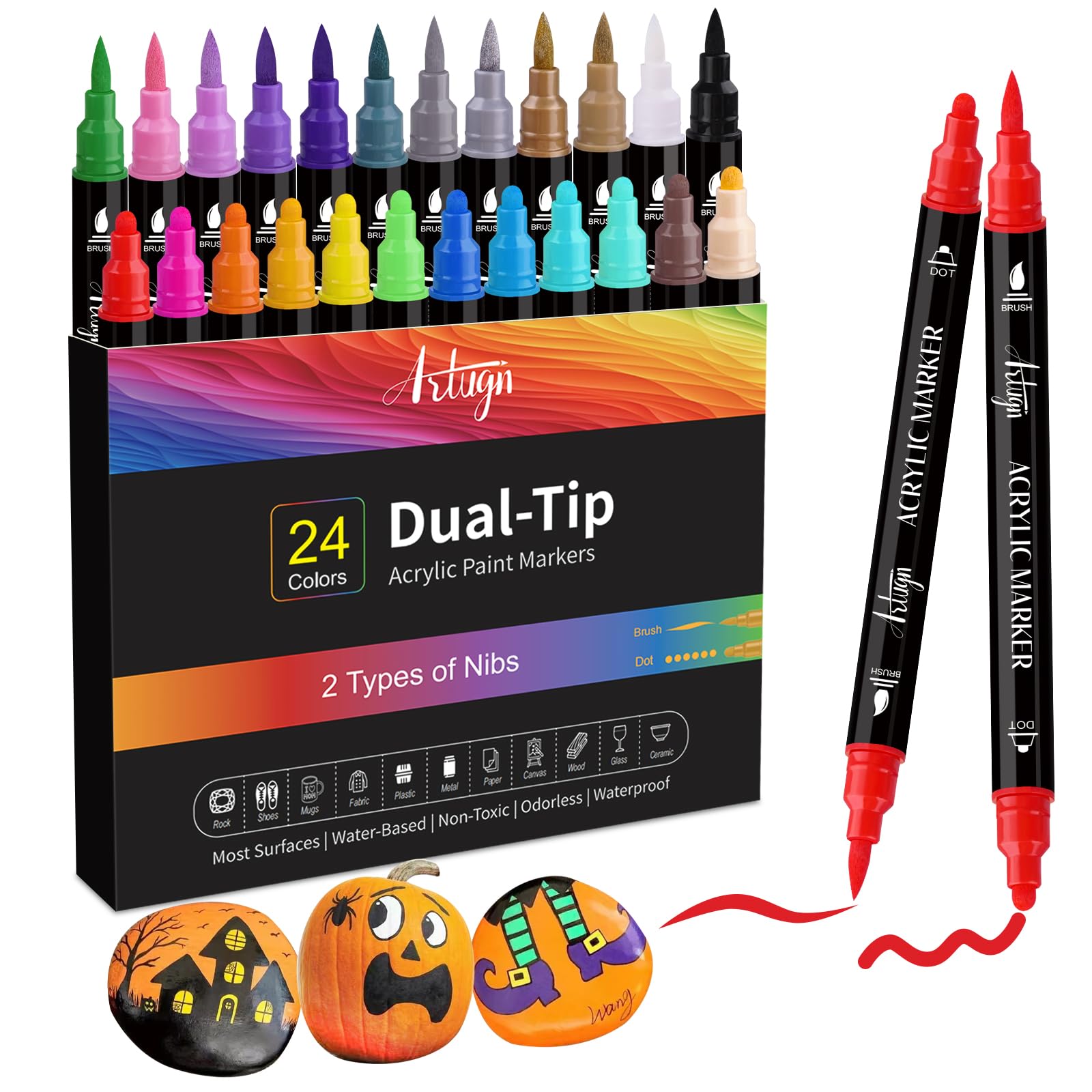 24 Colors Dual Tip Water-Based Acrylic Paint Markers with Brush & Dot Tip