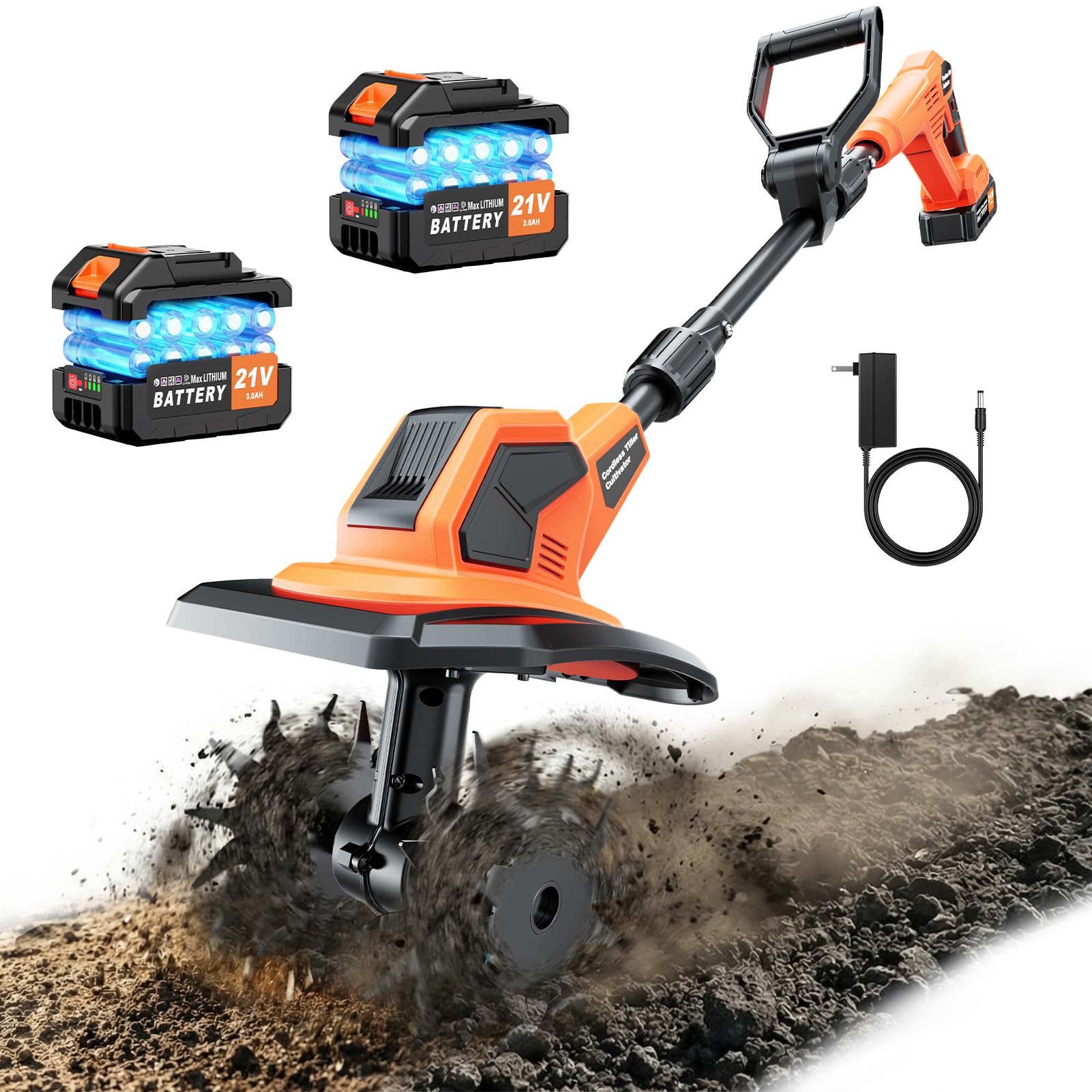Cordless Electric Garden Tiller Cultivator, 6000mAh Battery Powered Tiller, Ligh