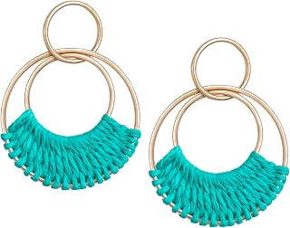 Raffia Hoop Earrings for Women Fun Boho Summer Beach Earrings Lightweight Handmade Straw Wicker Rattan Dangle Earrings Statement Geometric Round Drop Earrings