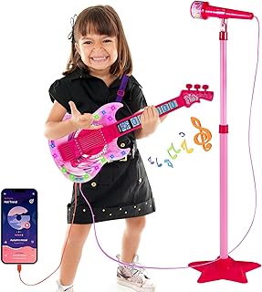 Guitar and Microphone Play Set for Girls,Karaoke Machine with Music&Light,Microphone Toys with Stand,Adjustable Height Guitar Toys for Kids,Toddlers,Child(Red)