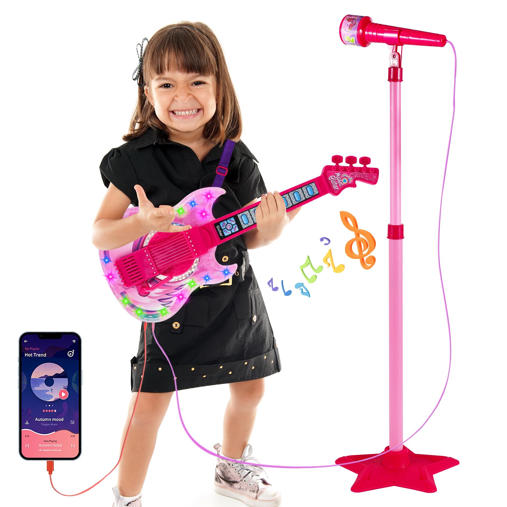 Guitar and Microphone Play Set for Girls,Karaoke Machine with Music&Light,Microp