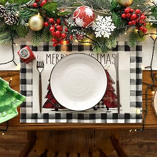 Waterclor Buffalo Plaid Christmas Tree Placemats Set of 4 12x18 Inch Winter Table Mats Outdoor Home Party Kitchen Dining Decoration