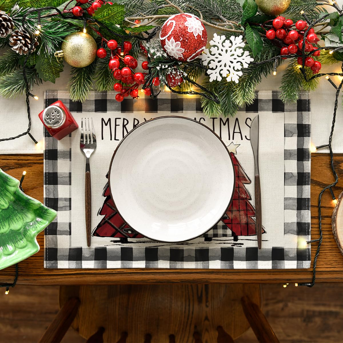 Waterclor Buffalo Plaid Christmas Tree Placemats Set of 4 12x18 Inch Winter Tabl