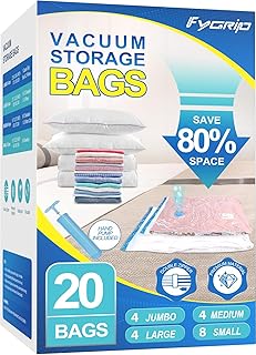 Fygrip 80% Space Saver Vacuum Storage Bags with Hand Pump, 20 Combo | Plastic Packaging Bags, Vacuum Seal Bags for Clothing, Travel Luggage, Blankets, Comforters