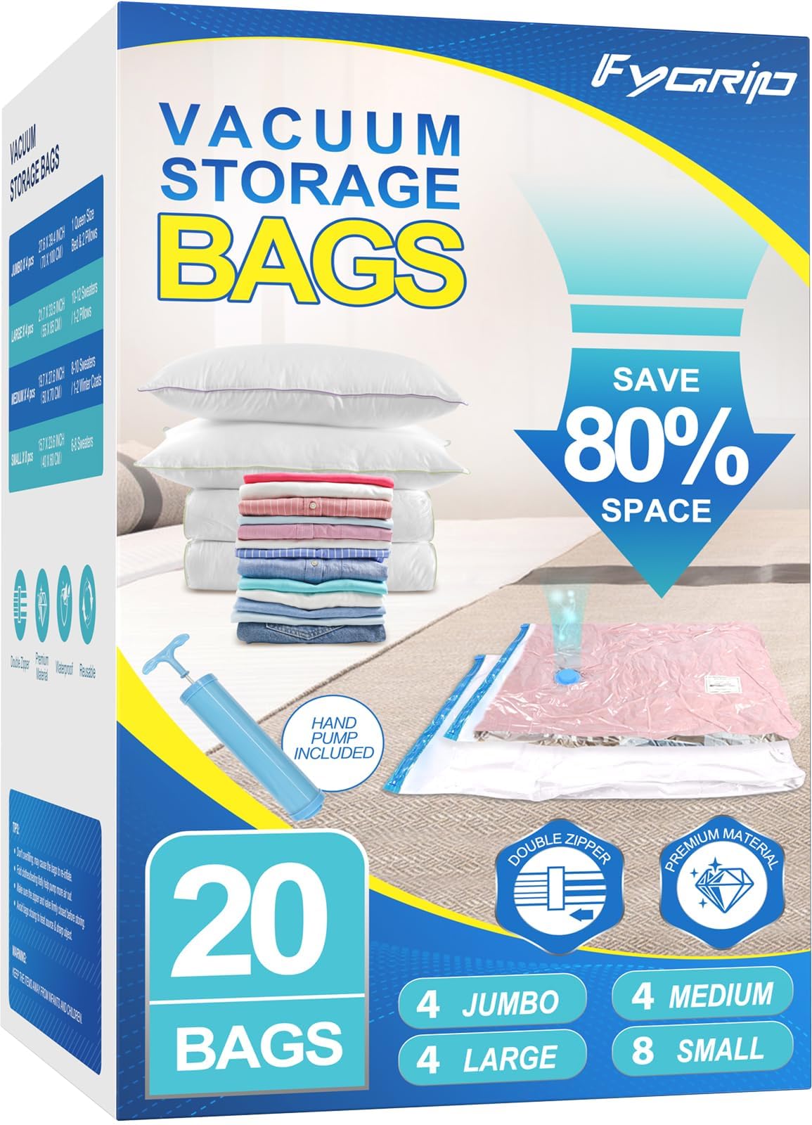 Fygrip 80% Space Saver Vacuum Storage Bags with Hand Pump, 20 Combo | Plastic Pa