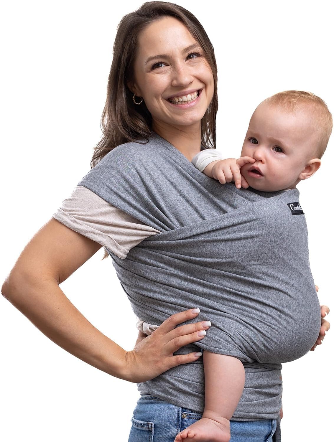 Cuddlebug Baby Wrap Carrier, Soft Stretchy Newborn Sling, 3-16 kg, Grey | Breath