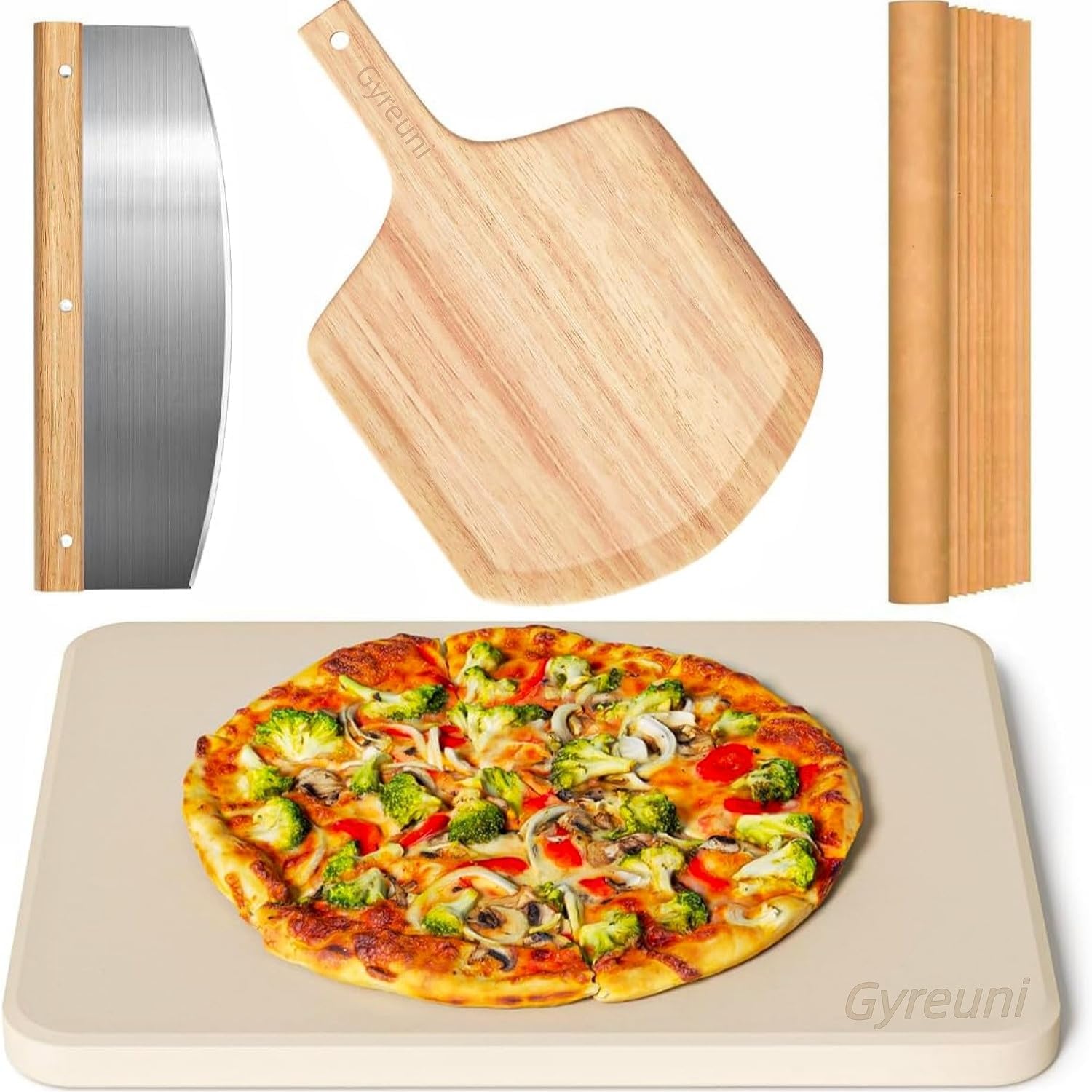 Gyreuni 15''Pizza Stone for Oven and Grill with Pizza Peel,Baking Stone Set | Co