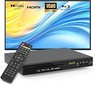 Blu Ray Player Dolby Digital TrueHD/DTS and 1080P Full HD, Plays Region A/1 Blu-Rays and Region Free DVDs, Supports 128GB USB Playback + HDMI/AV/Coaxial Output + Built-in NTSC/PAL with HDMI/AV Cable
