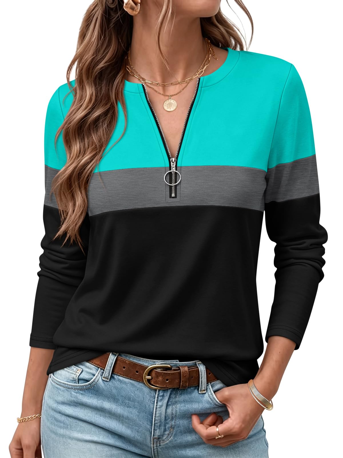 ORANDESIGNE Camicie a maniche lunghe da donna con cerniera a blocchi di colore t
