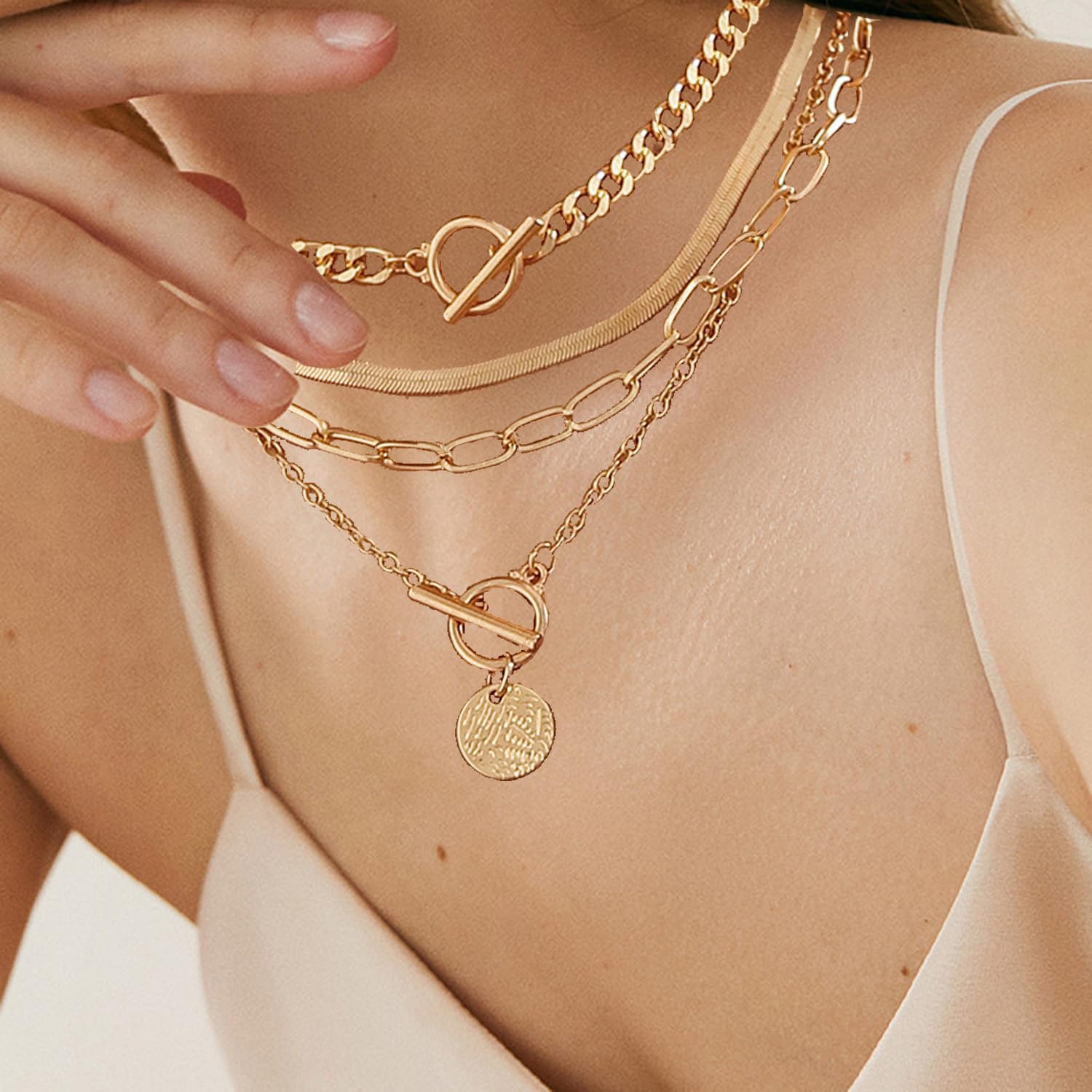 4pcs Layered Necklaces for Women Retro Coin Pendant Necklace Dainty Chunky Gold 
