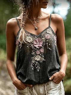 Floral Print V Neck Tank Tops Boho Embroidered Casual Plus Size
