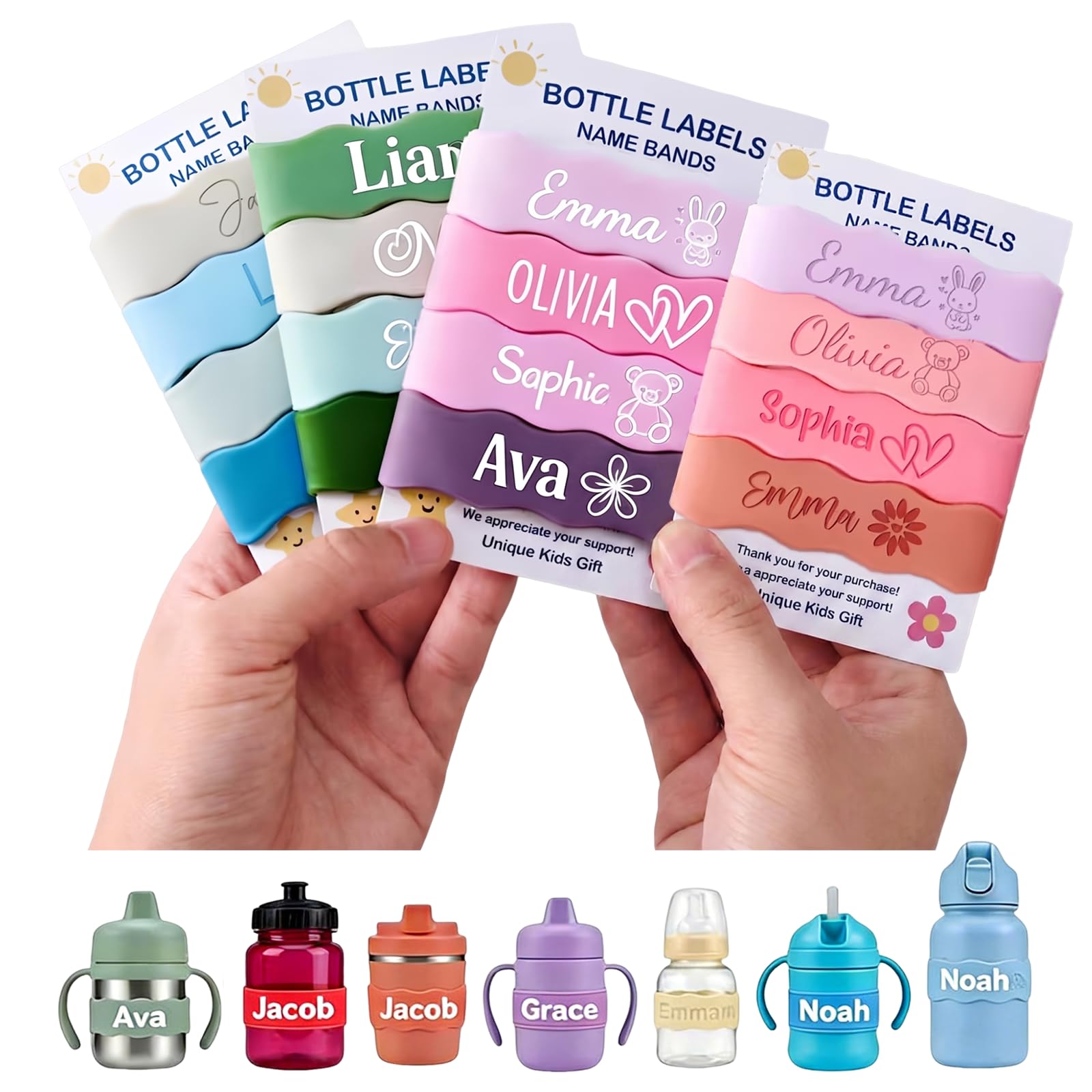 4 Piece Personalized Water Bottle Labels Custom Name Labels for Daycare, Reusabl