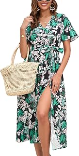 ORANDESIGNE Women's Summer Dress Casual V-Neck Long Dress Elegant Short Sleeve Boho Floral Printed Midi Dress Holiday Beach Casual Dresses with Belt