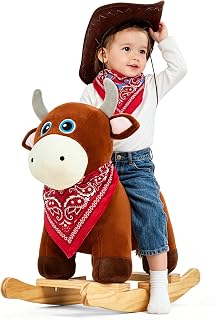FUNLIO Bull Rocking Horse Ages 1-3, Wild Baby Rocking Horse with Cuddly Head & Bright Sparkling Eyes, Stuffed Plush Ride-on Baby Rocker, Easy to Assemble, CPC & CE Certified