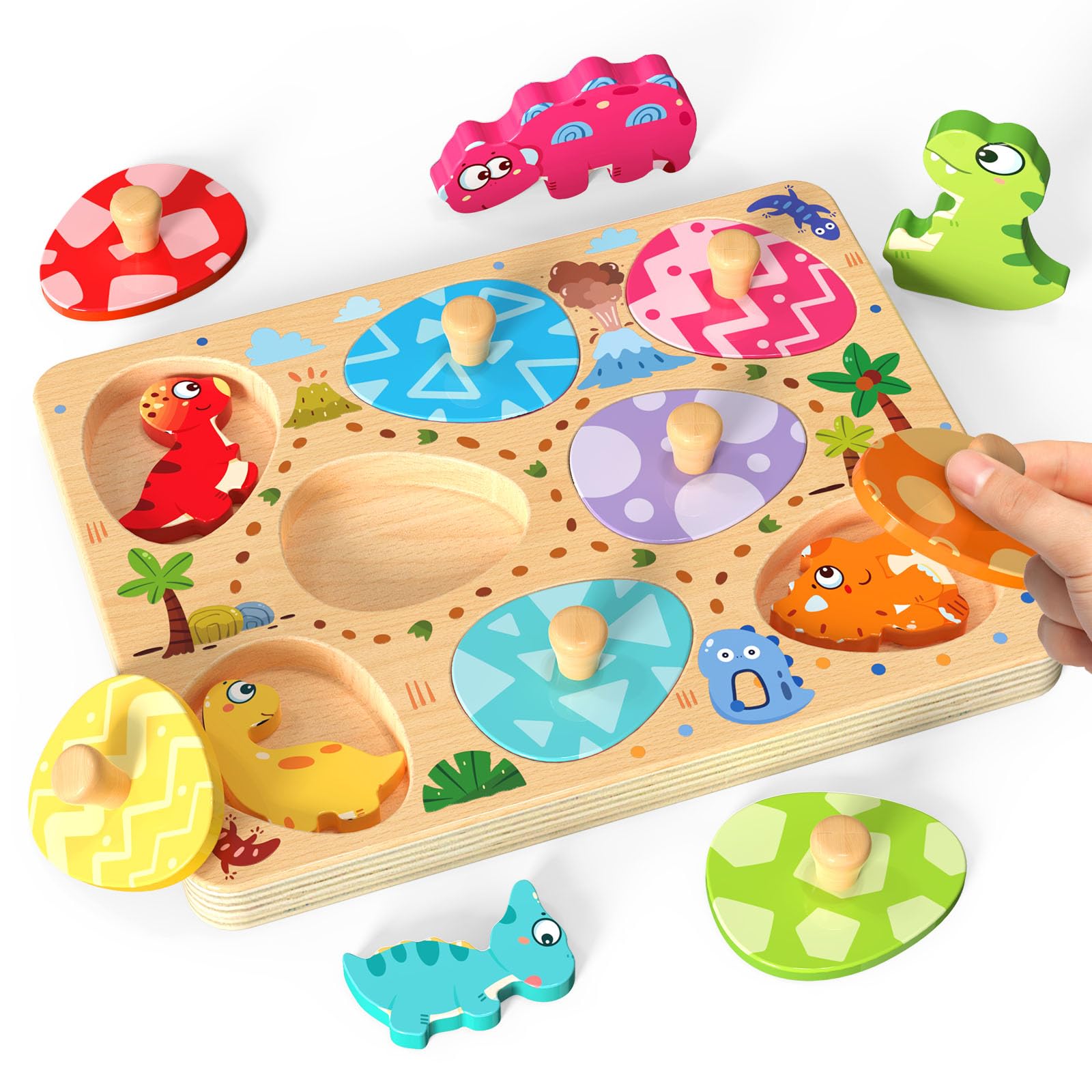 Zeoddler Wooden Puzzles for Toddlers, 8 Pcs Dinosaur Matching Egg Puzzle, Montes