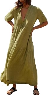 R.Vivimos Womens Summer Cotton Flowy Maxi Dress Short Sleeve V Neck Empire Waist Boho Tiered Ruffle Casual Loose Long Dresses