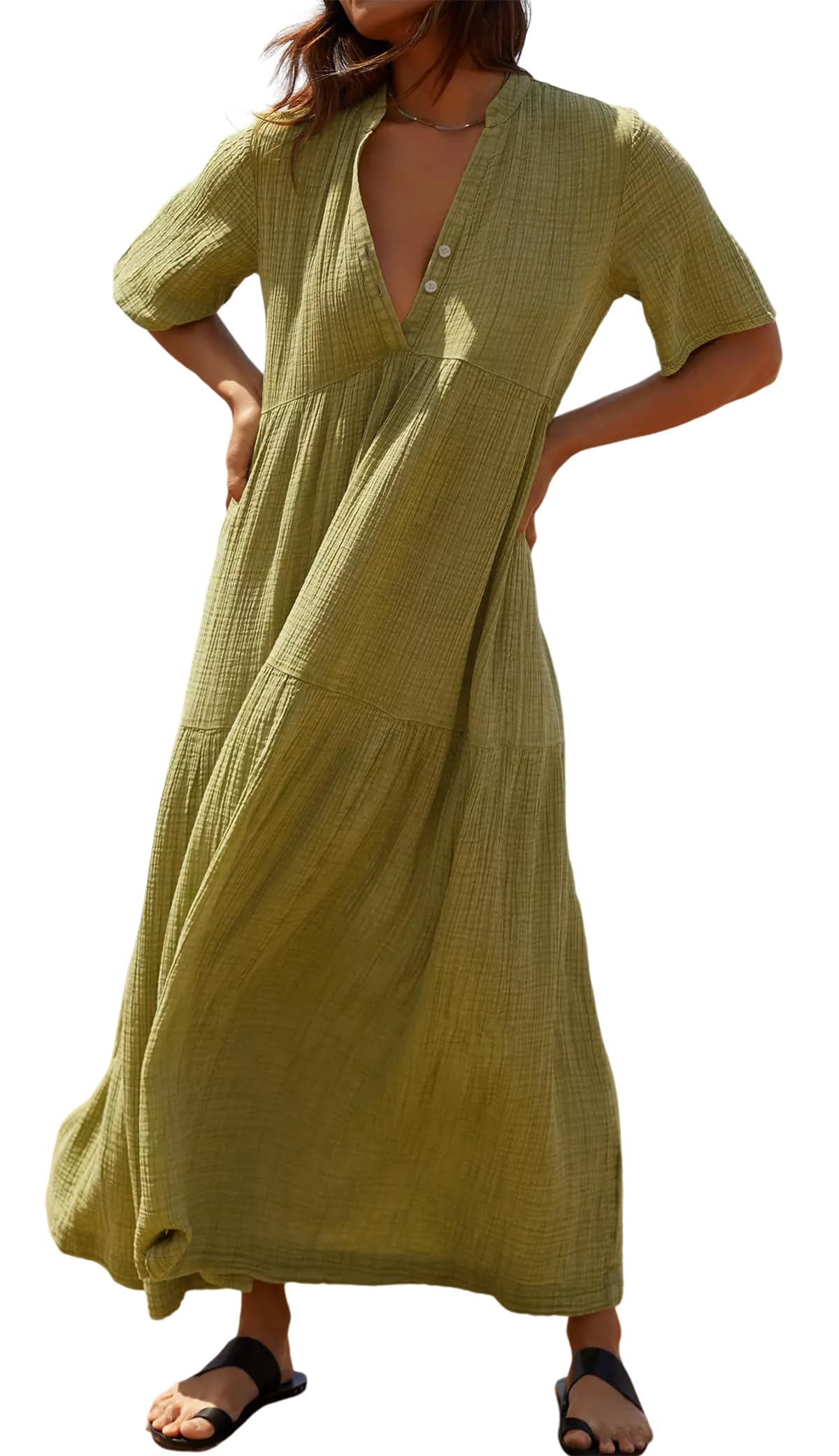 R.Vivimos Womens Summer Cotton Flowy Maxi Dress Short Sleeve V Neck Empire Waist