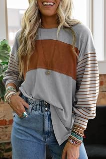 Color Block Women Shirt Long Sleeve Autumn Top Oversized Trendy Crew Neck Casual Blouses