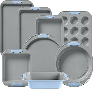 Pyrex 8-Piece Metal Bakeware Set with Heatsafe Silicone Handles, Cerulean | Lightweight stainless steel baking trays with heatsafe silicone handles, made without PFAS, mercury, lead, cadmium & BPA