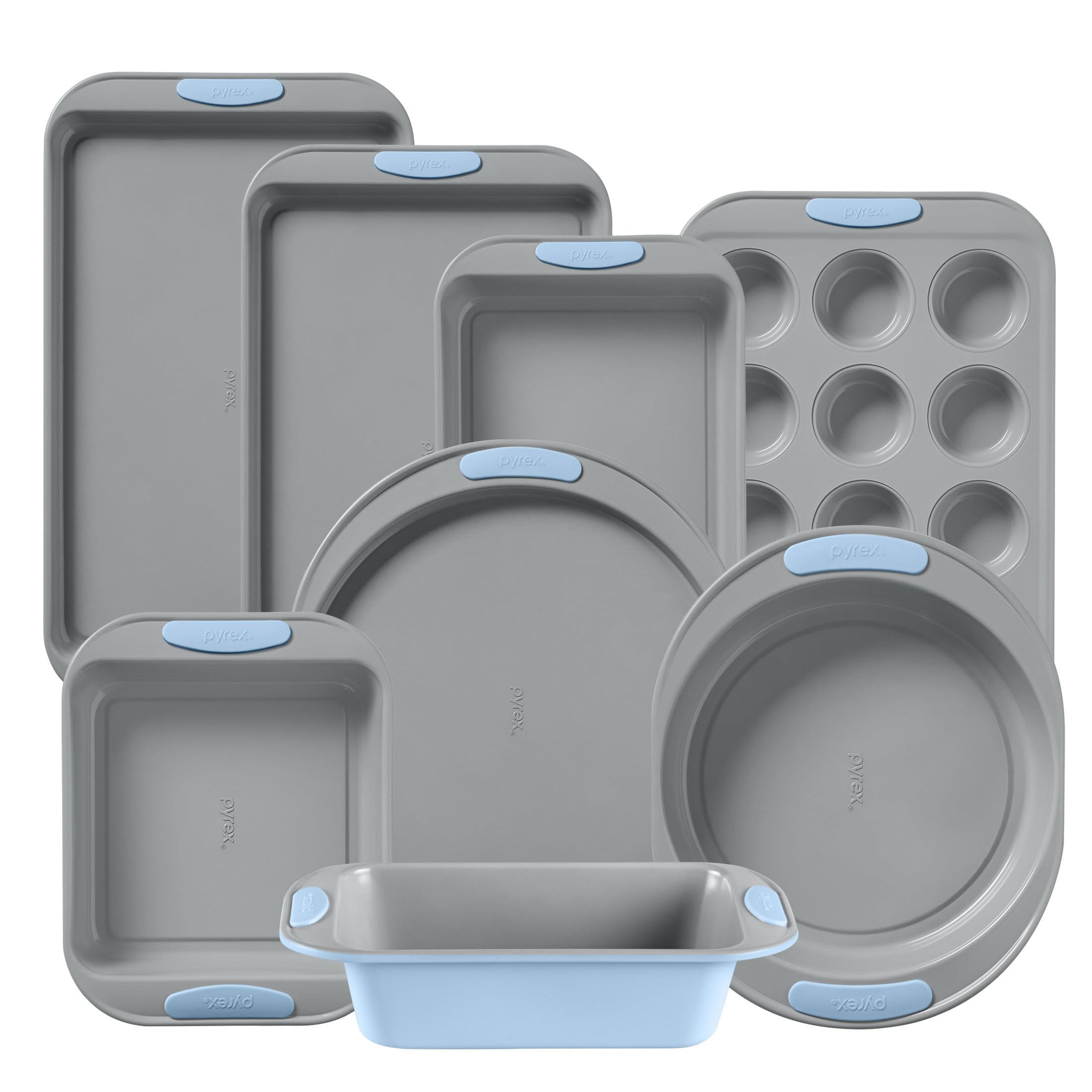 Pyrex 8-Piece Metal Bakeware Set with Heatsafe Silicone Handles, Cerulean | Ligh