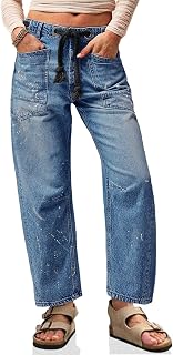 Cicy Bell Womens Baggy Barrel Horseshoe Jeans Wide Leg Drawstring Vintage Denim Pants with Front Pockets