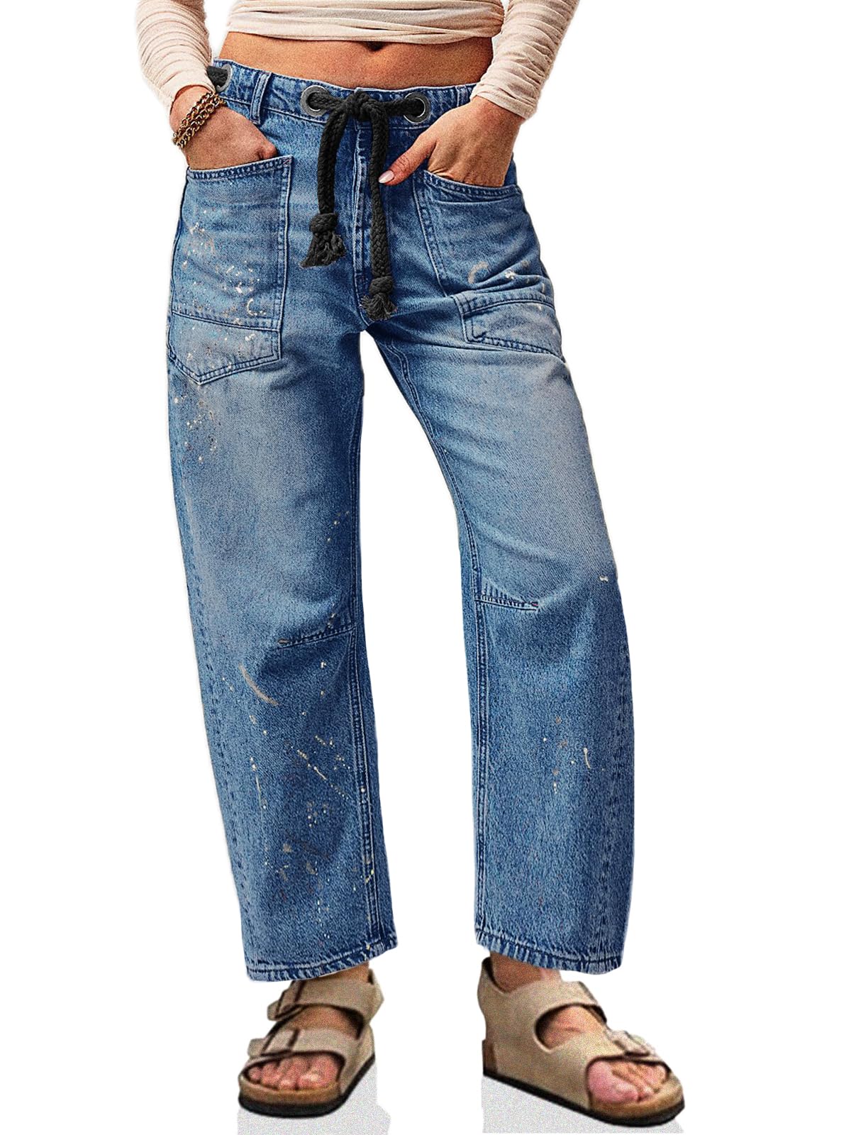 Cicy Bell Womens Baggy Barrel Horseshoe Jeans Wide Leg Drawstring Vintage Denim 