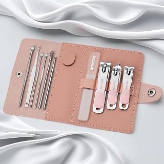 10 Pack Nail Clippers and Ear Wax Remover Kit Professional Nail Care Kit with Leather Case Manicure Pedicure Tools Stainless Steel Pink