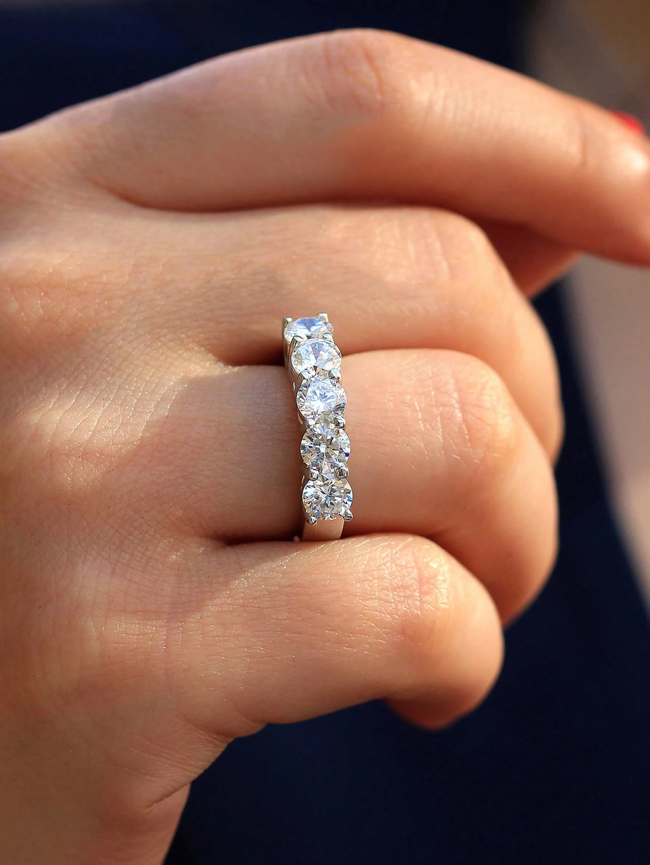 1Pc 925 Argento Scintilla Cinque Zirconi Fede di Nozze di Fidanzamento Per Le Do