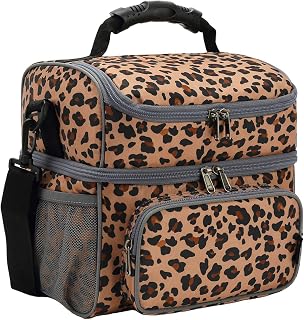 FlowFly Insulated Lunch Bag Adult Lunch Box Large Tote Double Layer Cooler for Men, Women, with Adjustable Strap,Front Pocket and Mesh Side Pockets,Leopard