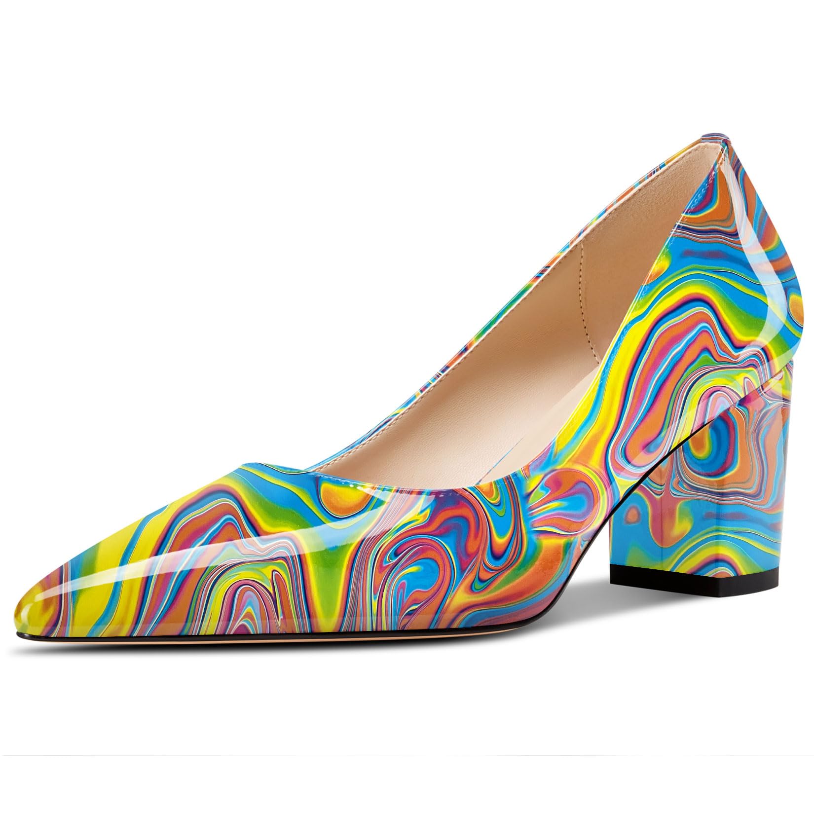 Aachcol Décolleté da donna con tacco a blocco, punta appuntita, slip-on in pelle